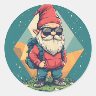 Sticker Rond Cool Gnome sur une aventure : Illustration amusant