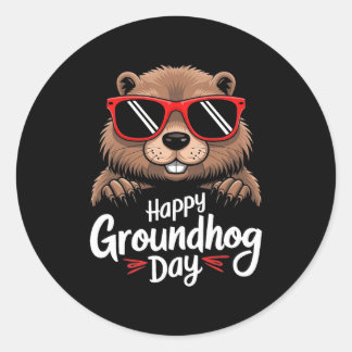 Sticker Rond Cool Groundhog Wearing Sungles Retro Style Premium