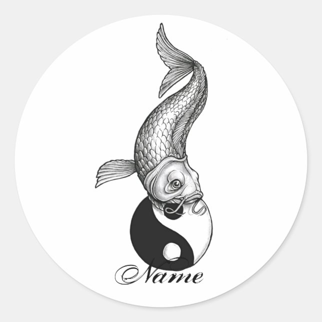 Sticker Rond Cool Japonais Noir Blanc Koi Poisson Yin Yang (Devant)
