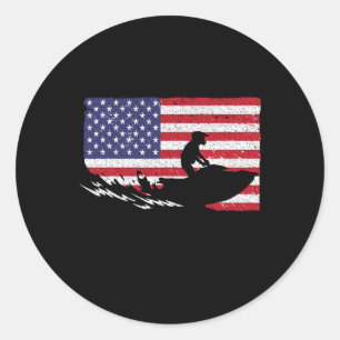 Sticker Rond Cool Jet Ski Pour Hommes Femmes Skieuses Us Drapea