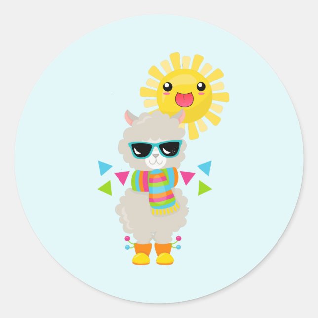 Sticker Rond Cool Llama et souriant Kawaii Sun (Devant)