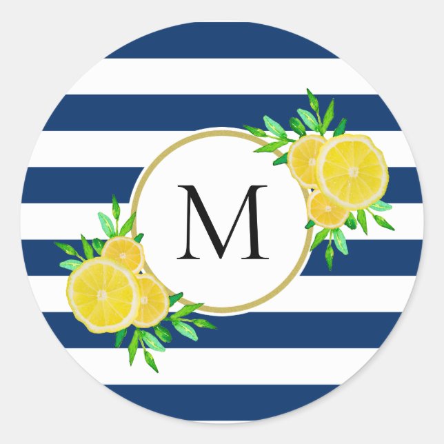 Sticker Rond Cool Marine Bande d'eau jaune citrons Monogramme (Devant)
