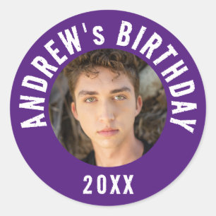 Sticker Rond Cool Moderne violet photo fête d'anniversaire