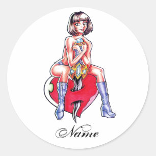 Sticker Rond Cool mûre manga fille coeur et Dagger tatouage