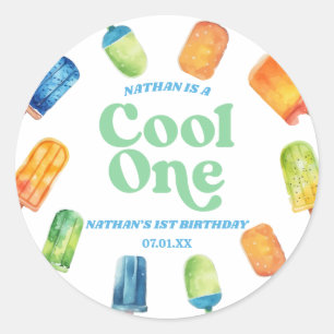 Sticker Rond Cool One Blue Retro Popsicle 1er anniversaire fête