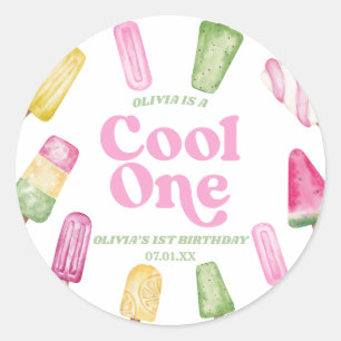Sticker Rond Cool One Pink Retro Popsicle 1er anniversaire