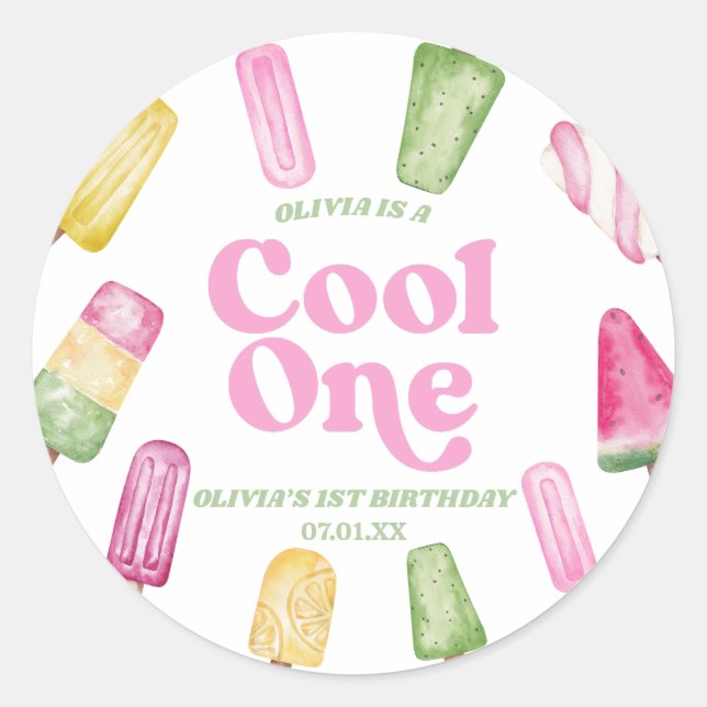 Sticker Rond Cool One Pink Retro Popsicle 1er anniversaire (Devant)