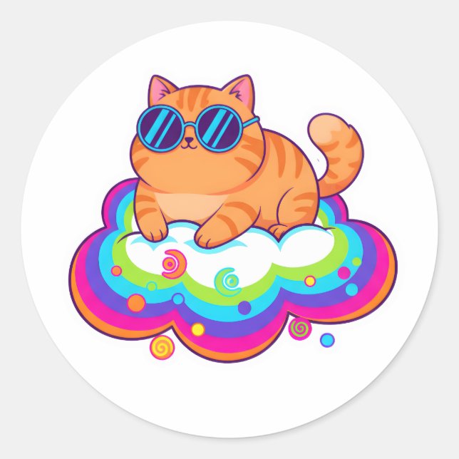 Sticker Rond Cool Orange Cat Wearing Sunglasses on Rainbow Clou (Devant)