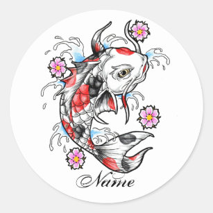 Sticker Rond Cool Oriental Japonais White Koi Fish Carp tatouag