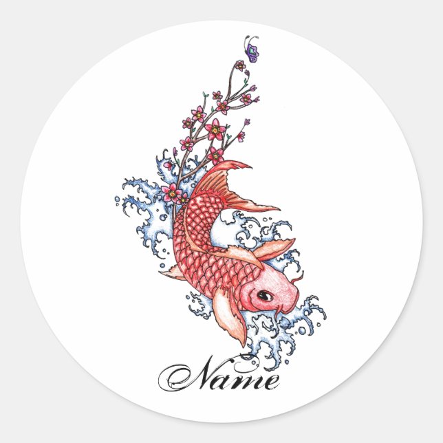 Sticker Rond Cool Oriental Rouge Koi Carp Poisson tatouage fleu (Devant)