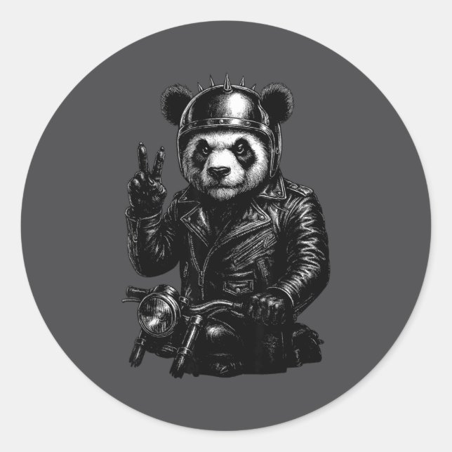 Sticker Rond Cool Panda Punk Peace Sign Motorcycle  (Devant)