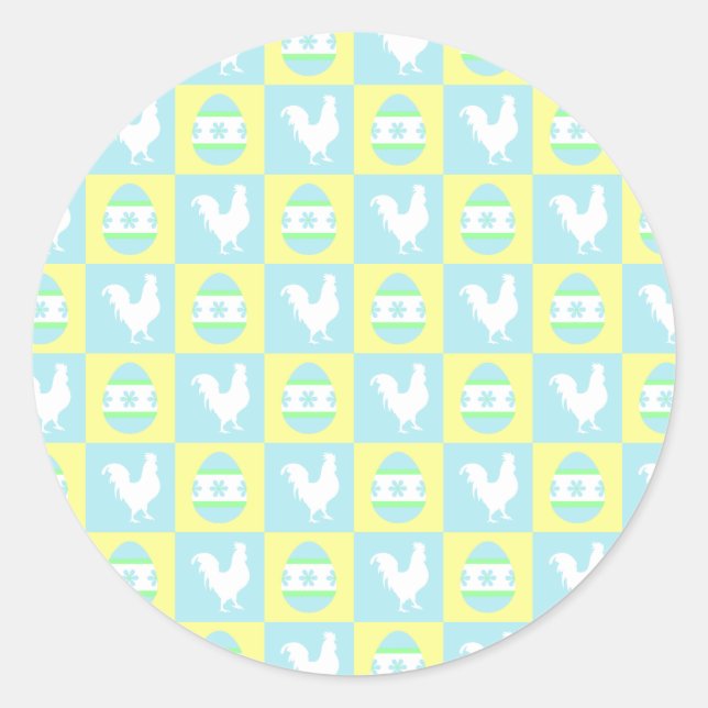 Sticker Rond Cool Pâques Checkerboard Motifs Coq oeufs (Devant)