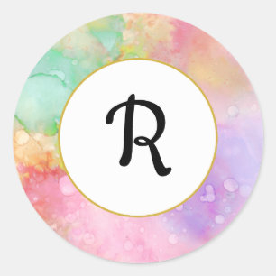 Sticker Rond Cool Pastel coloré Abstrait Aquarelle Monogramme