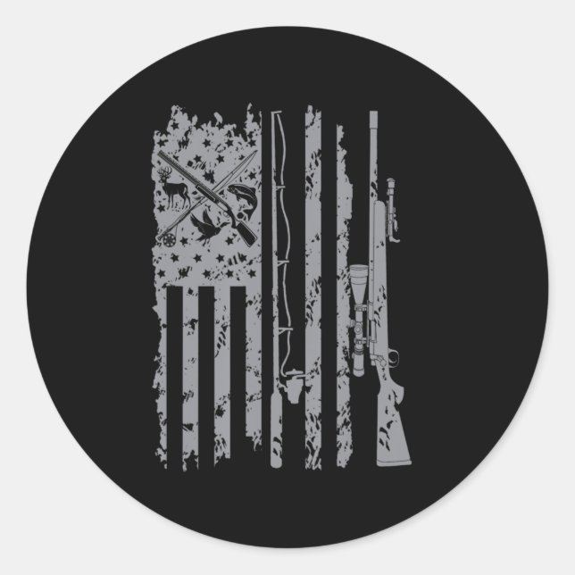 Sticker Rond Cool Pêche Rod Chasse Rifle Drapeau américain Cade (Devant)