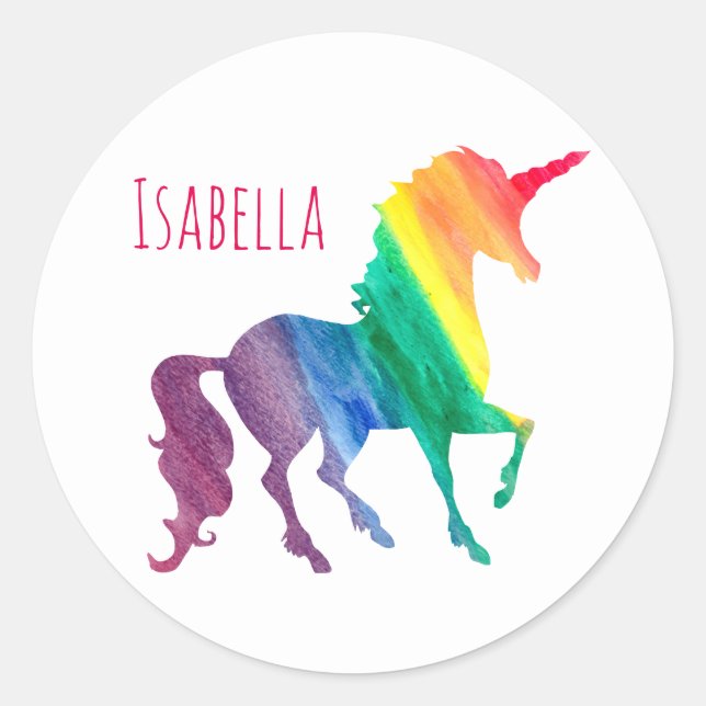 Sticker Rond Cool personnalisé Rainbow Unicorn Watercolor Kids (Devant)