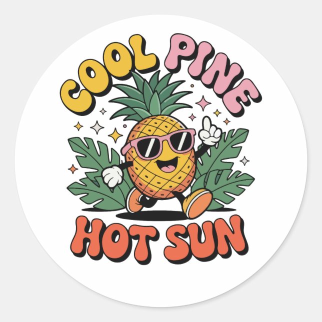 Sticker Rond Cool Pine Hot Sun Rétro Ananas Été Vibes (Devant)