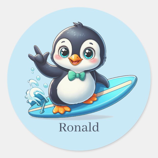 Sticker Rond Cool plage surf pingouin ajouter nom (Devant)