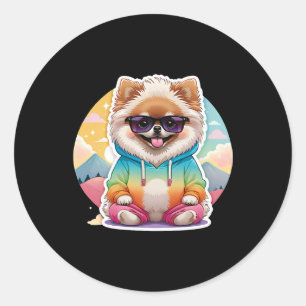 Sticker Rond Cool Pomeranian en Sweat - shirt à capuche arc-en-