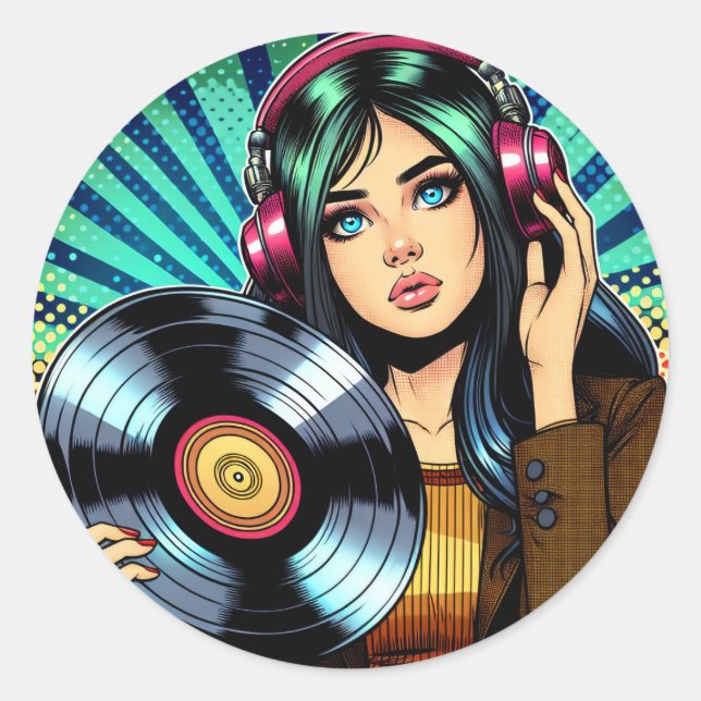 Sticker Rond Cool Pop Art Comic Style Girl avec Album de Vinyl (Devant)