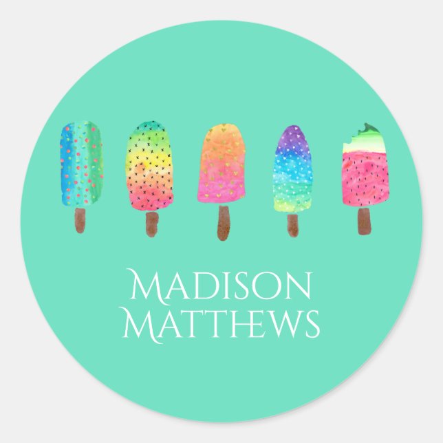 Sticker Rond Cool Popsicles Mint Green Ajouter votre nom École (Devant)