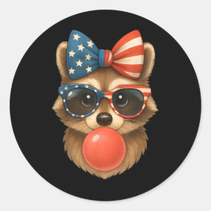 Sticker Rond Cool Raccoon Bubble Gum Usa Drapeau Patriotique 4è