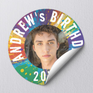 Sticker Rond Cool Rainbow Blast photo Painball Anniversaire