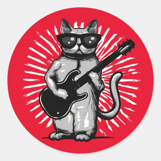 Sticker Rond Cool Rock Et Rouleau Chat Jouer Guitare Électrique (Devant)