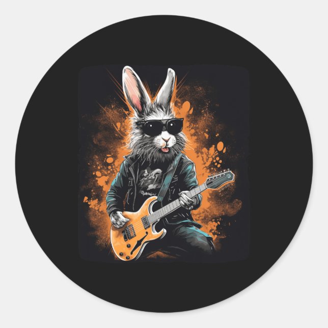 Sticker Rond Cool Rocker Bunny Pour Pâques Et Guitaristes Avec  (Devant)