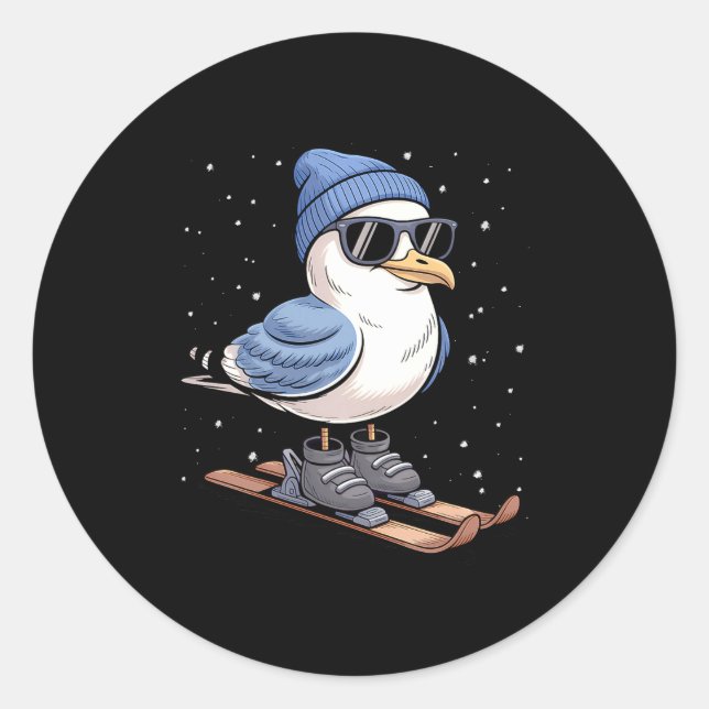 Sticker Rond Cool Seagull On Skis - Nordic Winter Seagulls Aprè (Devant)