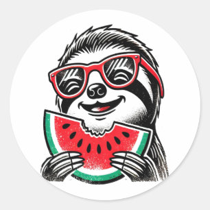 Sticker Rond Cool Sloth Manger de la pastèque