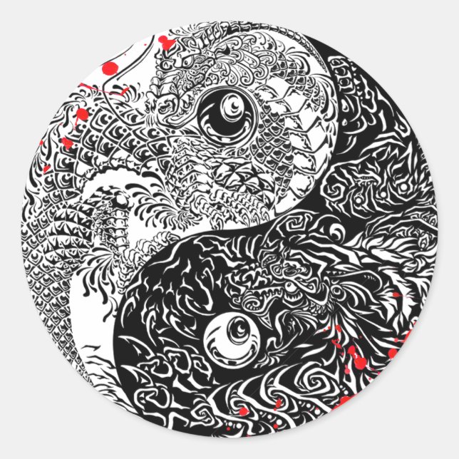 Sticker Rond Cool splatte de sang Yin Yang Dragons tatouage art (Devant)