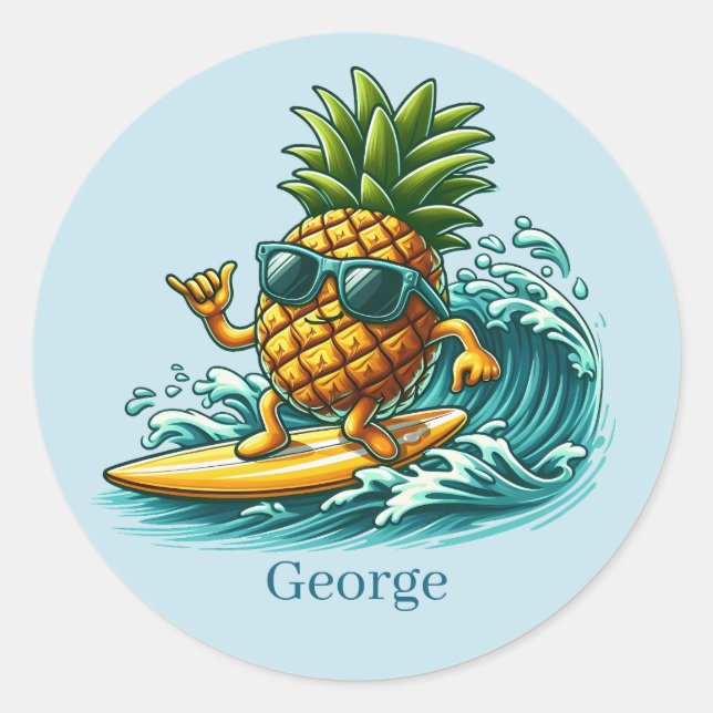 Sticker Rond Cool surf ananas ajouter nom (Devant)