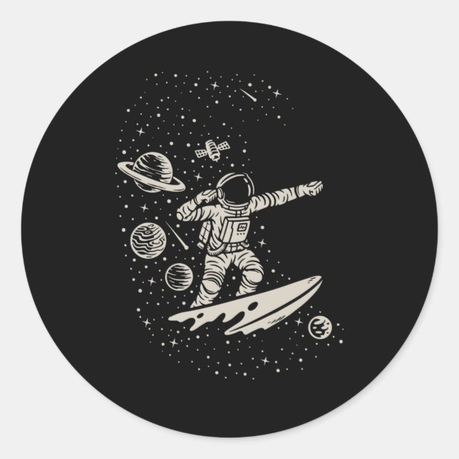 Sticker Rond Cool Surf Astronaut Planètes spatiales Cosmonaute (Devant)