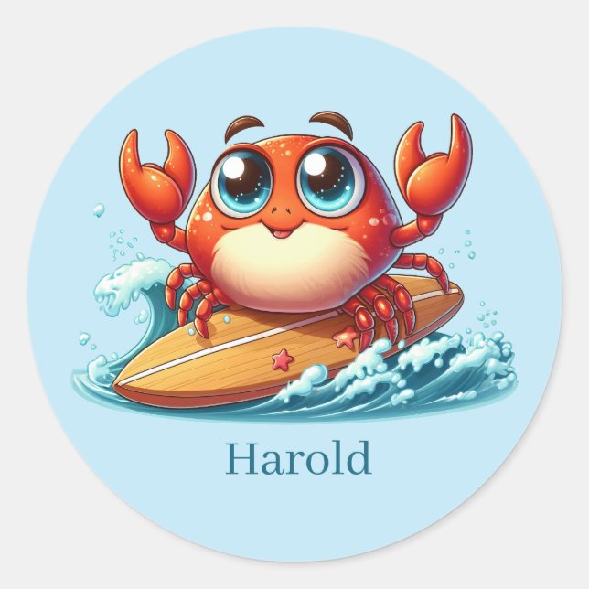 Sticker Rond Cool surf crabe ajouter nom (Devant)