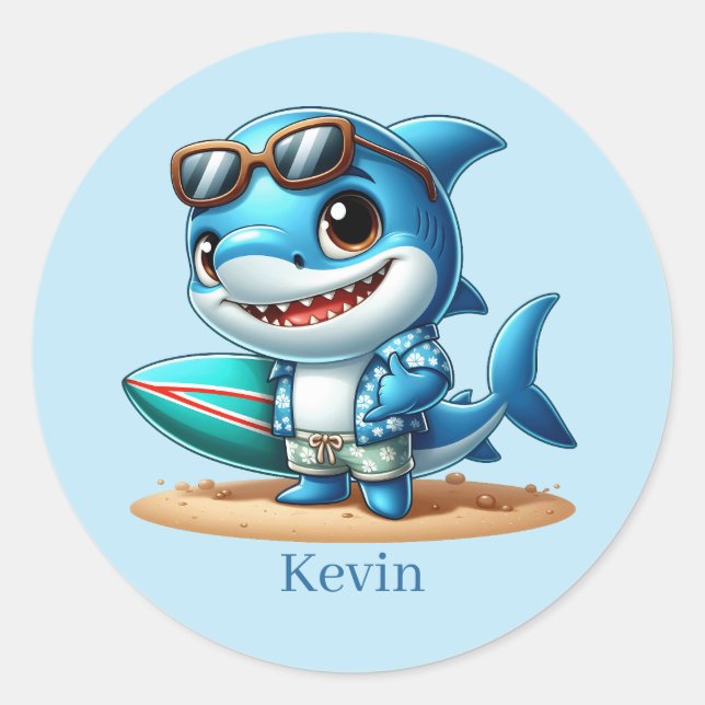 Sticker Rond Cool surf requin ajouter nom (Devant)