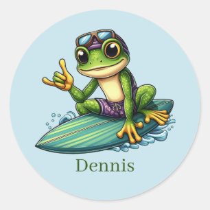 Sticker Rond Cool surfeur grenouille ajouter nom