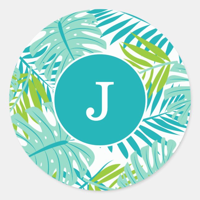 Sticker Rond Cool Tropical Feuilles Monogramme (Devant)