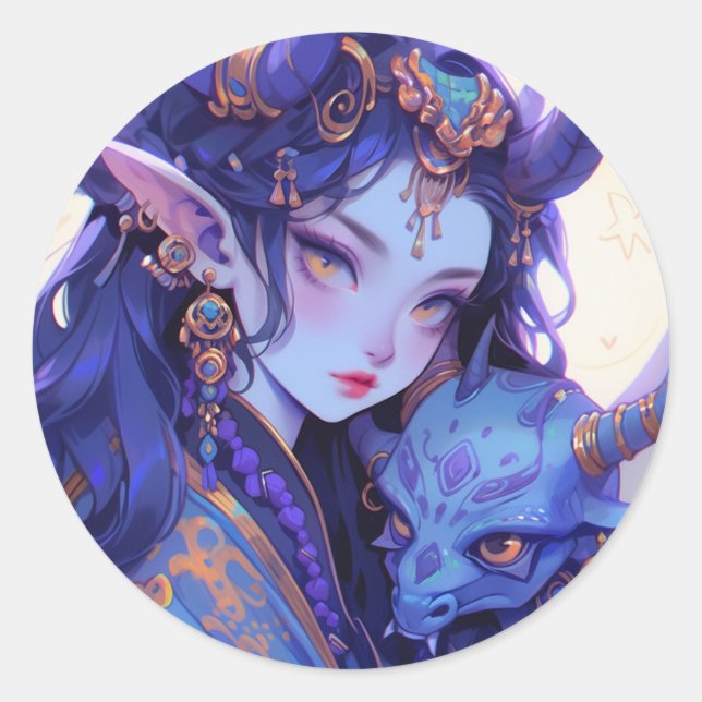 Sticker Rond Cool violet et or cornée elfe Anime fille (Devant)