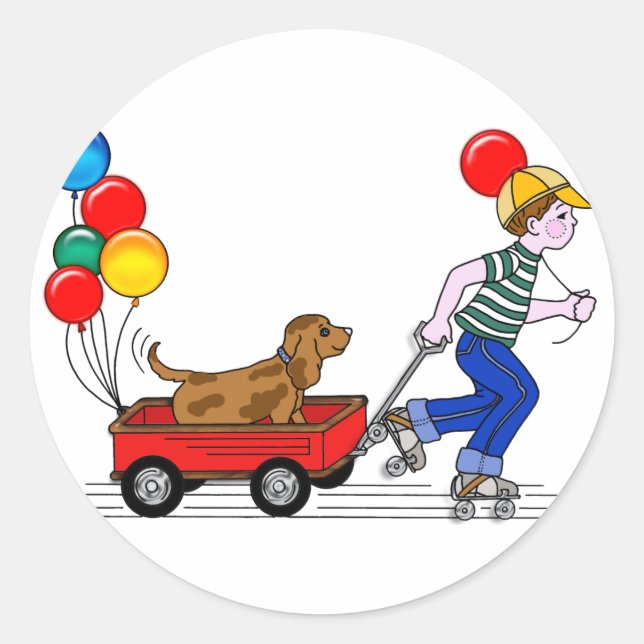 Sticker Rond Copie de garçon, chien, Wagon et Ballons (Devant)