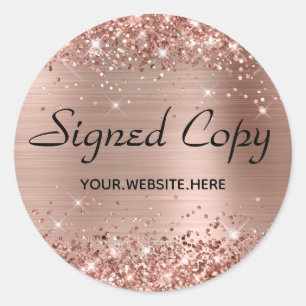 Sticker Rond Copie signée Glittery Faux Rose Gold Foil avec URL