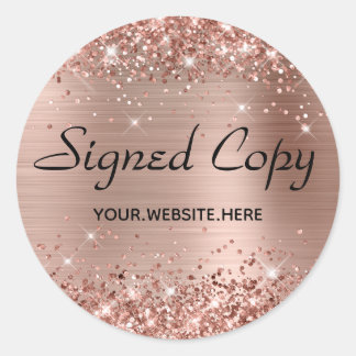 Sticker Rond Copie signée Glittery Faux Rose Gold Foil avec URL