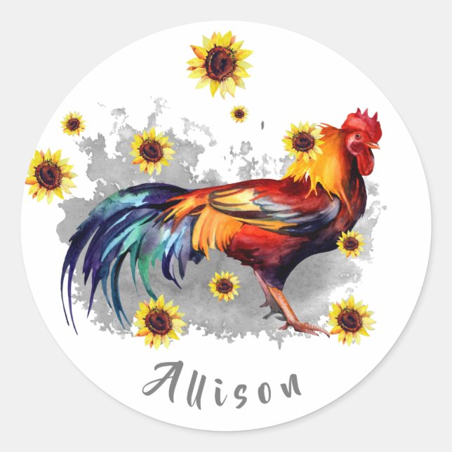 Sticker Rond Coq avec tournesol Personnalisé (Devant)