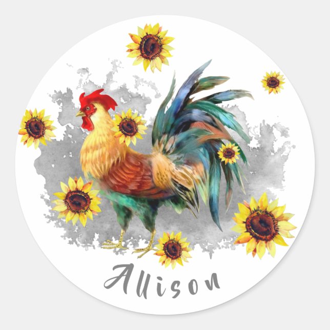 Sticker Rond Coq avec tournesol Personnalisé (Devant)