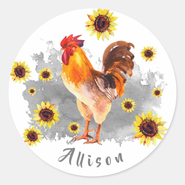 Sticker Rond Coq avec tournesol Personnalisé (Devant)