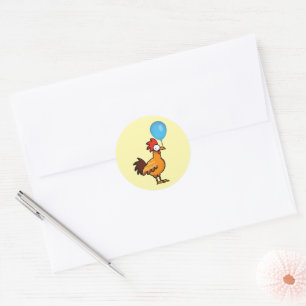 Sticker Rond Coq de dessin animé tenant un ballon bleu