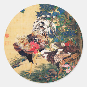 Sticker Rond Coq et Hen avec Hydrangeas par Ito Jakuchu