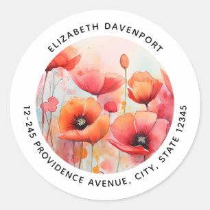 Sticker Rond Coquelicots Aquarelle Rouge dans une Adresse de Ch
