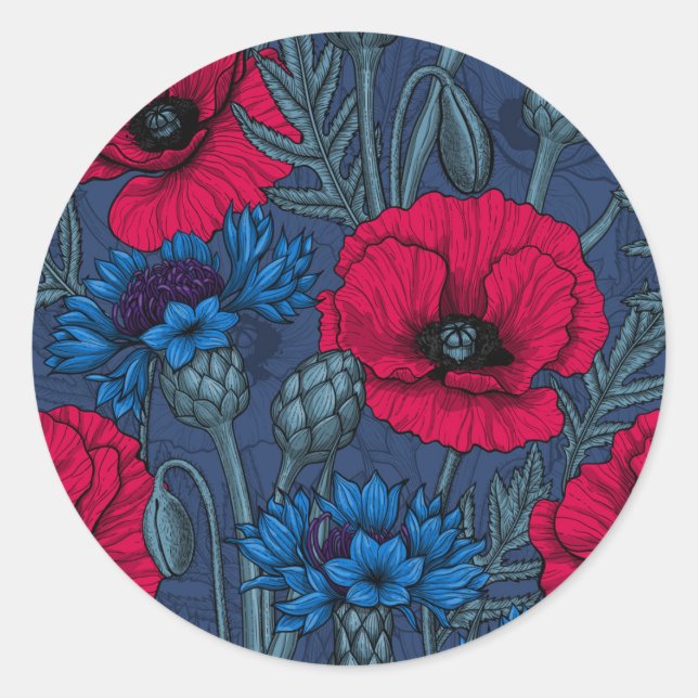 Sticker Rond Coquelicots rouges et fleurs bleues sur bleu (Devant)