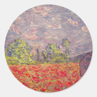 Sticker Rond coquelicots rouges et grange pourpre