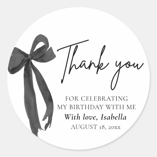 Sticker Rond Coquette Black Bow moderne Merci d'anniversaire (Devant)